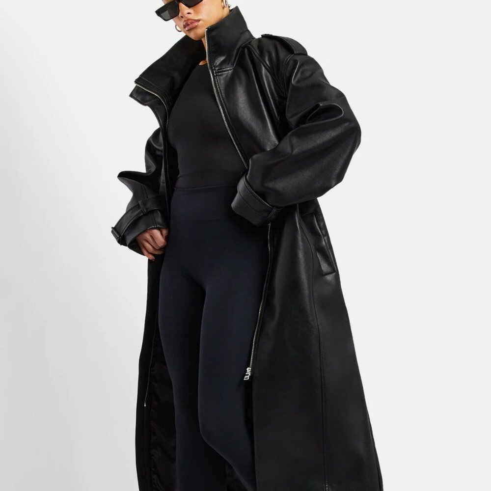 NWT Cernucci Faux Leather Trench Coat Size XS Black Long Leather Jacket NEW
